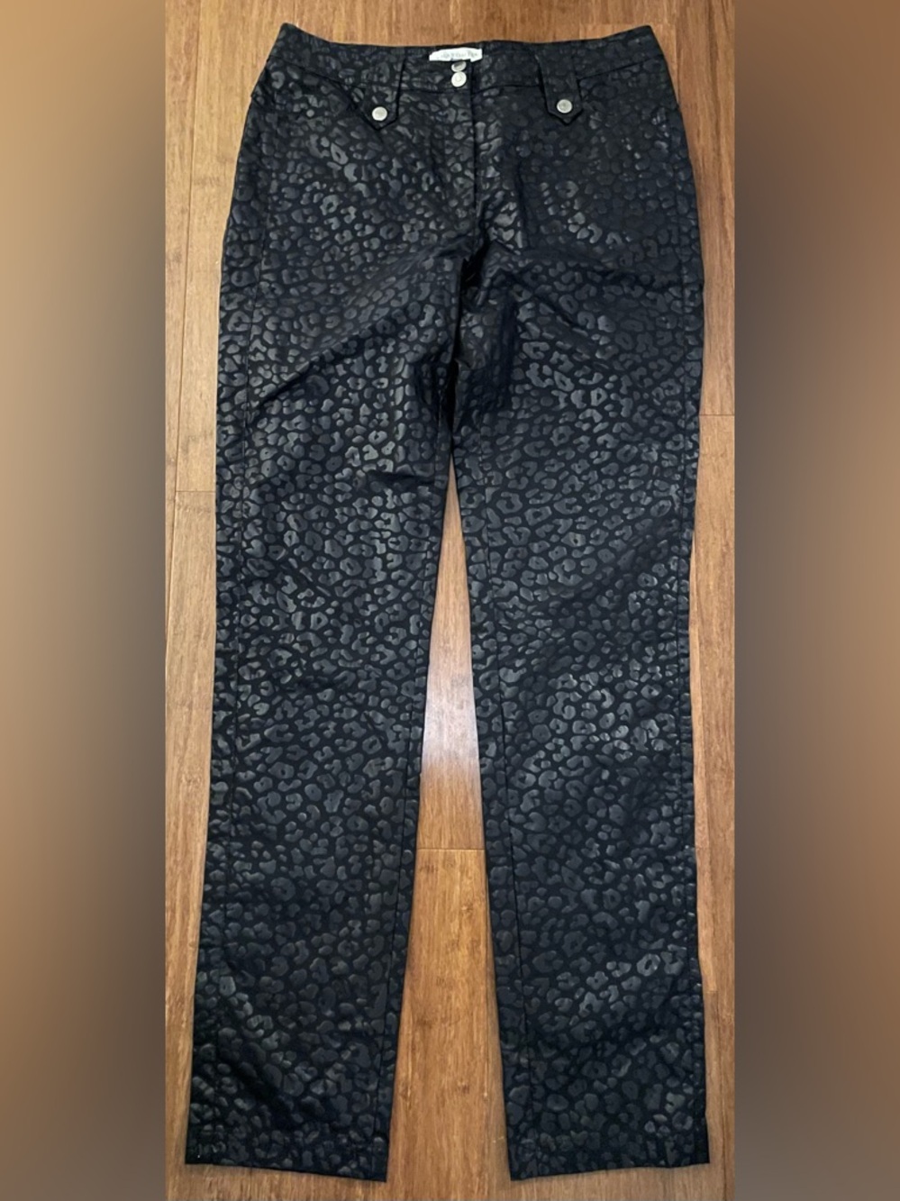 Anatomie Pants Luli Black M Embossed Cheetah Animal Print High Rise Slim Satiny
